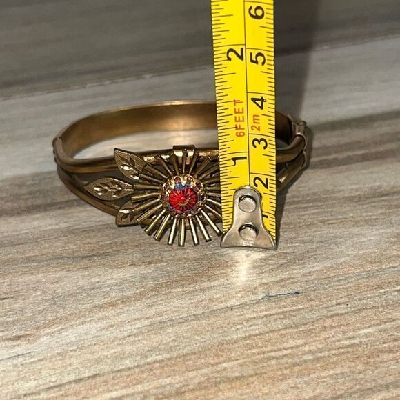 Floral Etched Clasp Bangle Bracelet Red Bead Brass Tone Classic Core Bohemian - Picture 2 of 6